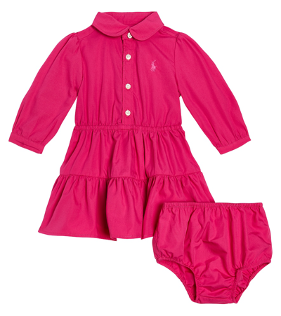 Polo Ralph Lauren Babies' 棉质衬衫式连衣裙与灯笼裤套装 In Pink