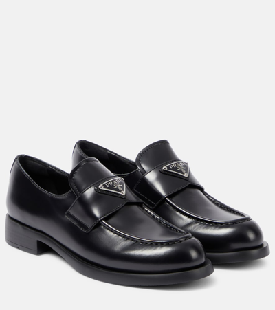 Prada Logo Leather Loafers In Black