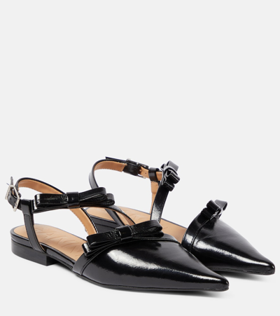 Ganni Bow-detail Faux Leather Flats In Black