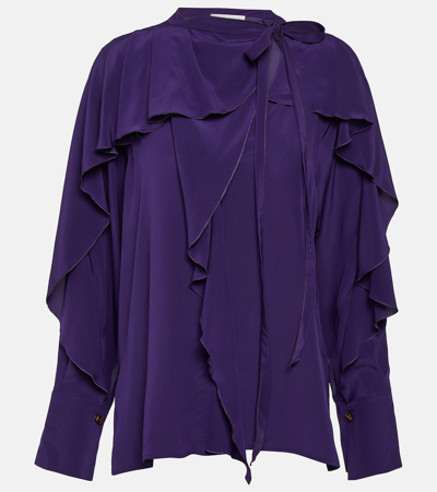 Victoria Beckham Purple Crepe Tie Detail Ruffle Blouse In Blue