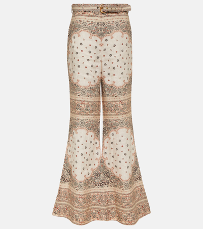 Zimmermann Belted Paisley-print Linen Flared Pants In Multi