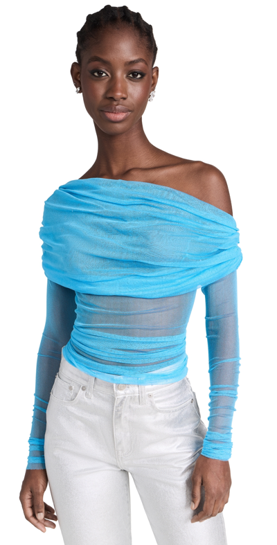 Christopher Esber Veiled Ruched One-shoulder Mesh Top In Dolphin Blue