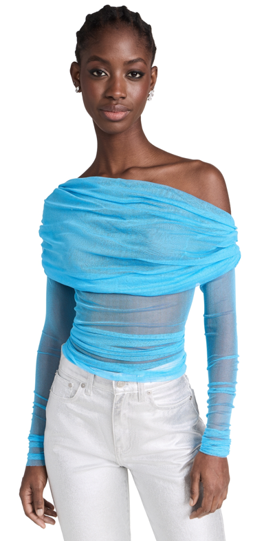 Christopher Esber Veiled Ruched One-shoulder Mesh Top In Light Blue