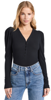 FRAME RIB RUCHED SLEEVE HENLEY TOP BLACK