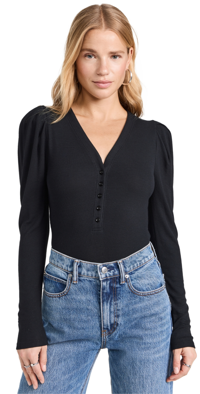 Frame Gathered Sleeve Henley Top In Black