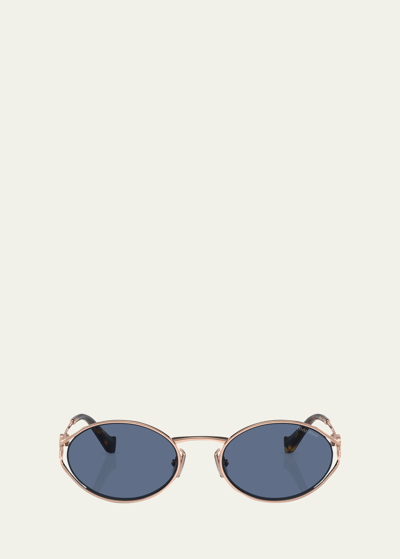 Miu Miu Logo-plaque Oval-frame Sunglasses In Rose Gold/blue Solid