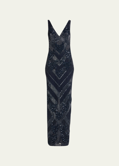 Naeem Khan Plunging Petal Bead Embroidered Sleeveless Gown In Navy