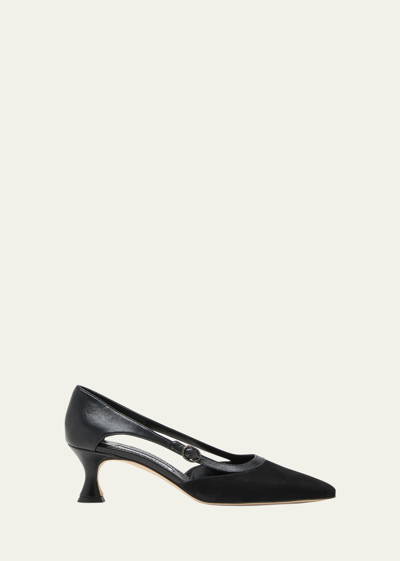 Manolo Blahnik Ahad Mixed Leather Buckle Pumps In Blck0015