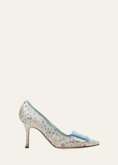 Manolo Blahnik Maysale Floral Suede Buckle Pumps