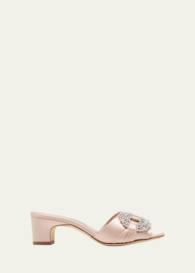 Manolo Blahnik Prinap Satin Crystal Ornament Slide Sandals In Blush