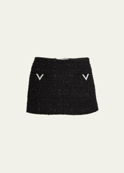 Valentino V-logo Metallic Tweed Mini Skirt In Nero Lurex/ Strass