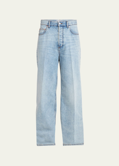 Valentino Men's Wide-leg Jeans With V Logo In Denim