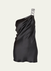 Stella Mccartney Falabella Crystal Chain Double Satin One-shoulder Mini Dress In 1000 Black