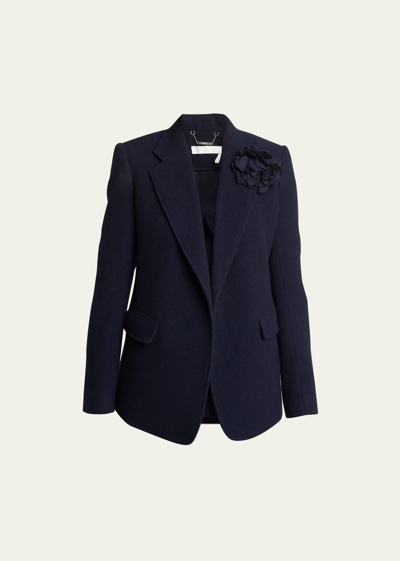 Chloé Buttonless Wool Cashmere Tailored Jacket With 3-d Flower Brooch In Abyss Blue