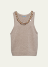 PRADA RICAMO SLEEVELESS EMBELLISHED WOOL AND CASHMERE KNIT TOP