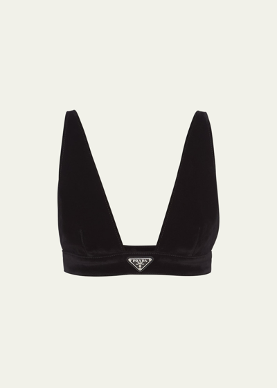 Prada Triangle-logo Velvet Denim Top In Black