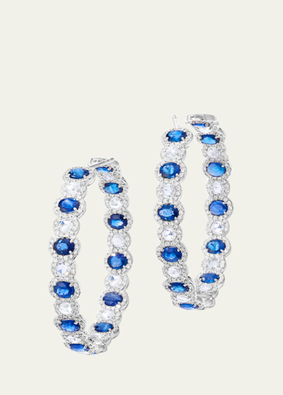 64 Facets 18k White Gold One Of A Kind Scallop Hoop Earrings With Diamonds And Blue Sapphires