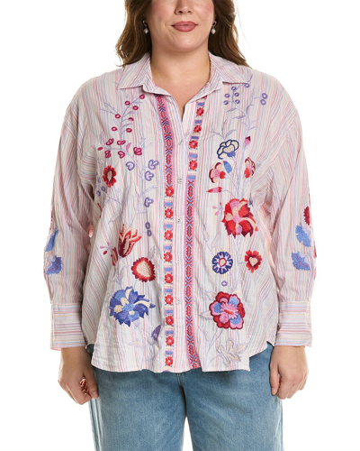 Johnny Was Plus Size Piper Floral Embroidered Striped Oversized Shirt In Purple