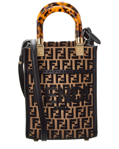 Fendi Sunshine Mini Raffia & Leather Tote In Black