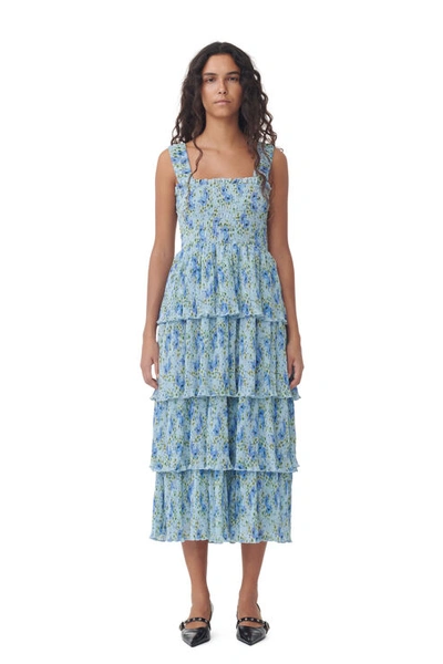 Ganni Pleated Georgette Smock Midi Dress In Ice Water