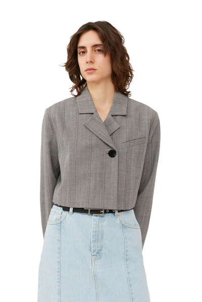 Ganni Cropped Herringbone Blazer In Grey