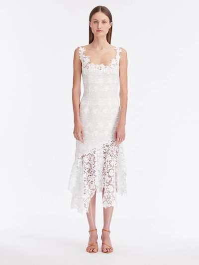 Oscar De La Renta Sleeveless Tweed And Guipure Midi Dress In Ivory/white