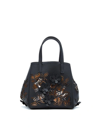 Oscar De La Renta Mini Laser Cut Floral Square Tote In Black