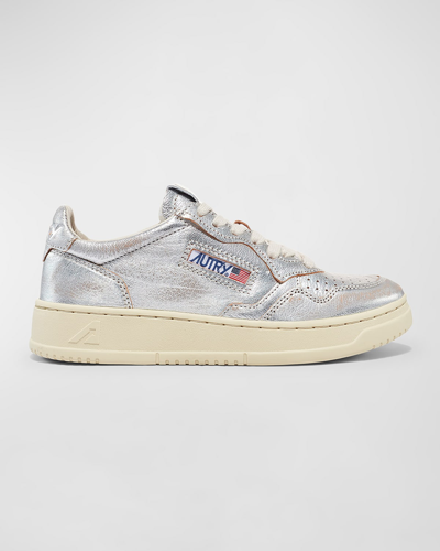 Autry Medalist Low-top Metallic Leather Sneakers In Silver