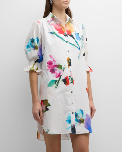 Finley Miller Floral-print Cotton Midi Shirtdress In White/multi