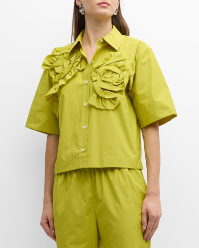 Natori Boxy Ruffle Cotton Poplin Shirt In Chartreuse