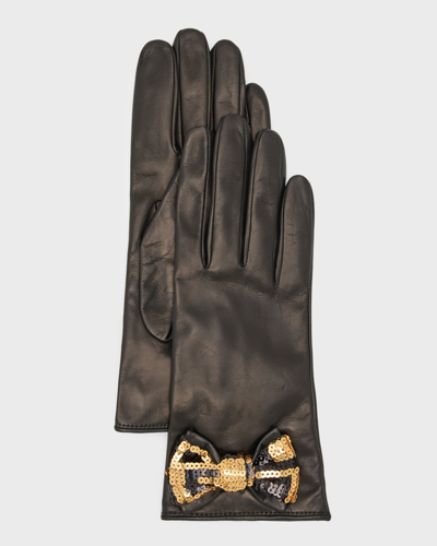 Portolano Sequin Bow Nappa Leather Gloves In Black