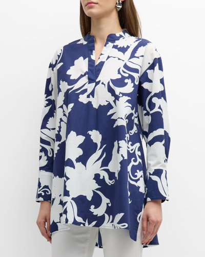 Natori Casablanca Floral-print High-low Shirt In Midnight Navy