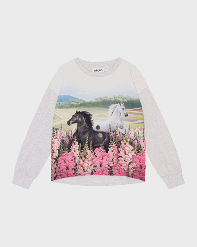 Molo Kids' Girl's Reniza Horse Graphic Sweatshirt In Meadow Horses