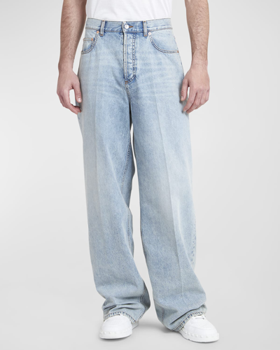 Valentino Men's Wide-leg Jeans With V Logo In Denim
