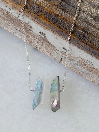 A Blonde And Her Bag Three Raw Quartz Crystal Pendant Necklace With Mystic Grey And Rainbow Quartz I In Multi