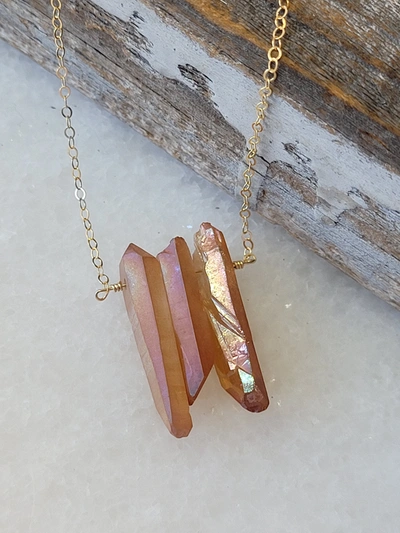 A Blonde And Her Bag Three Raw Peach Quartz Crystal Pendant Necklace In Gold In Pink