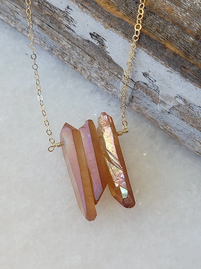 A Blonde And Her Bag Three Raw Peach Quartz Crystal Pendant Necklace In Gold In Grey