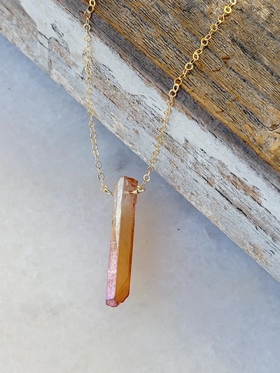 A Blonde And Her Bag Single Raw Peach Quartz Crystal Pendant Necklace In Gold In Pink