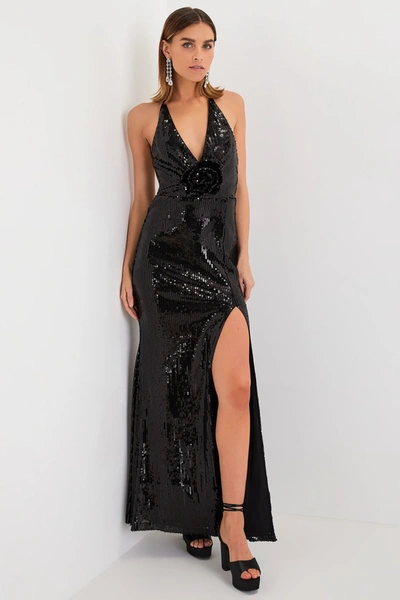 Lulus Pretty Sensational Black Sequin Rosette Halter Maxi Dress