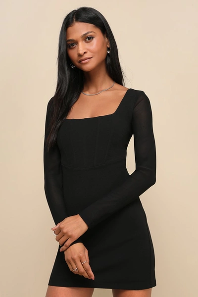 Lulus Flirty Delight Black Long Sleeve Bustier Mini Dress