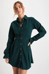 Lulus Autumn Mood Emerald Green Corduroy Button-up Skater Mini Dress In Emerald Green