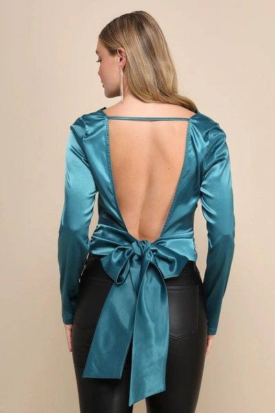 Lulus Lovely Outing Teal Green Satin Cowl Neck Backless Tie-back Top