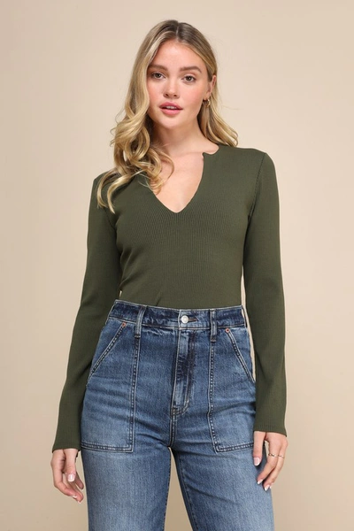 Lulus Trendy Endeavor Olive Green Ribbed Notched Long Sleeve Top