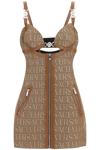 Versace Embellished Leather-trimmed Cutout Canvas-jacquard Mini Dress In Beige