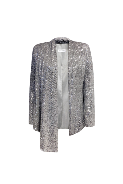 Anitabel Tia Structured Sequin High Low Blazer With A Detachable Belt In Silver
