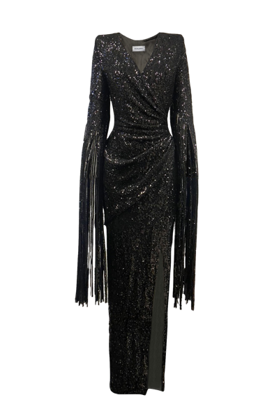 Anitabel Sequin Wrap Dress With Long Fringe Sleeves In Black