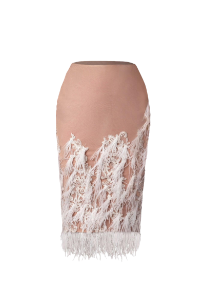 Anitabel Hazel Lace And Feather Knee Length Skirt. In Pink