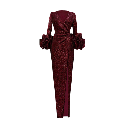Anitabel Long Wine Red Sequin Wrap Dress With Statement Sleeves
