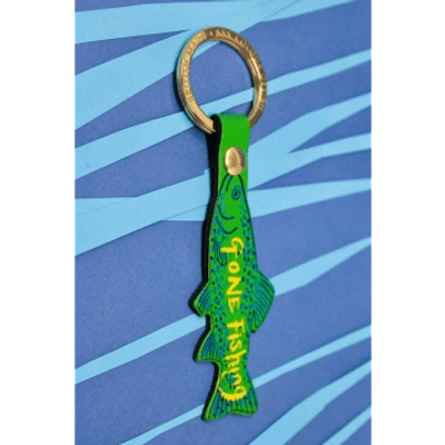 Ark Colour Design Gone Fishing Leather Key Fob In Green