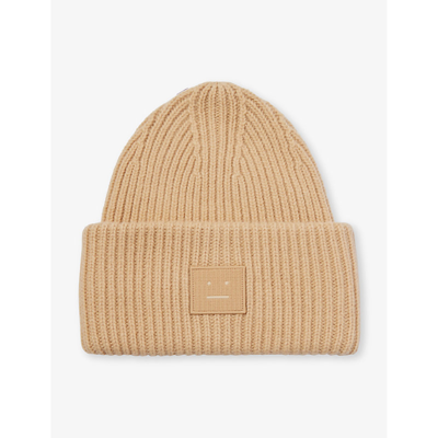 Acne Studios Mens Biscuit Beige Face Logo-patch Wool-knit Beanie